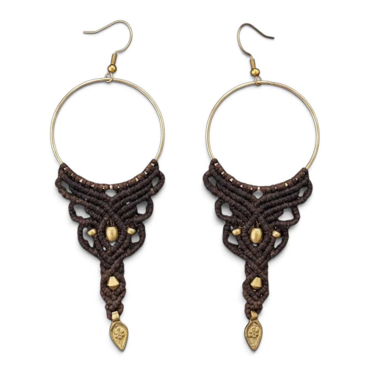 Dark chocolate macrame hoop earrings with open lacework and gold bead and charm accents