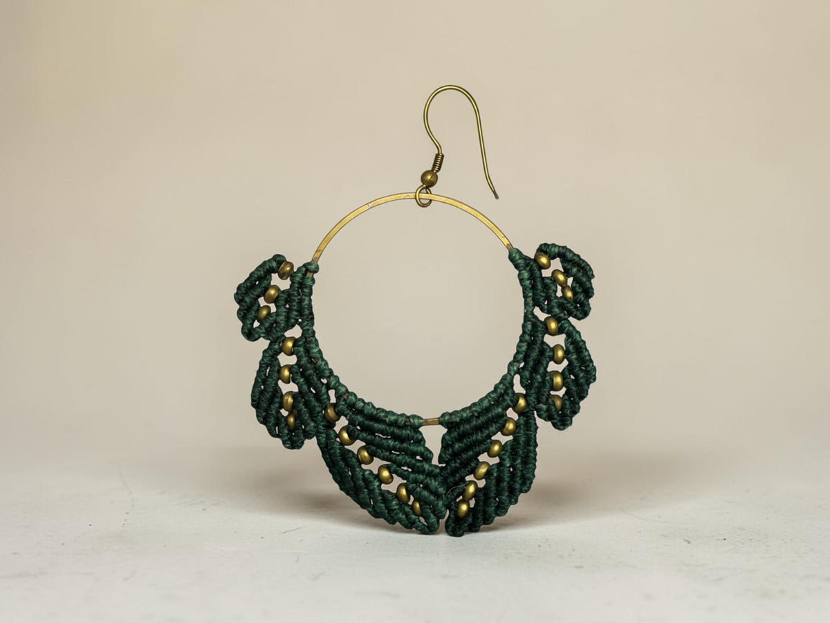 Teal Leaf Macrame Hoop Earring with brass bead accents