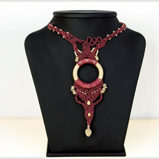 Burgundy Micro-Macrame & Brass Ring Pendant Necklace — One of a Kind