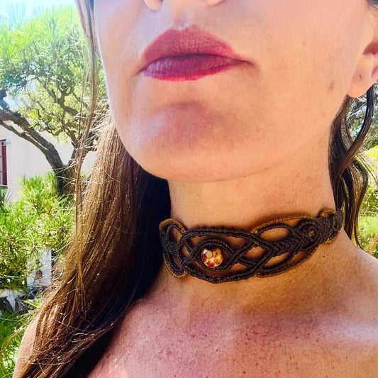 Dark Micro-Macrame Choker with Stone Bead — Celtic Knot Design
