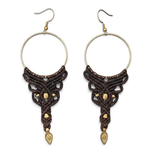 Dark chocolate macrame hoop earrings with open lacework and gold bead and charm accents