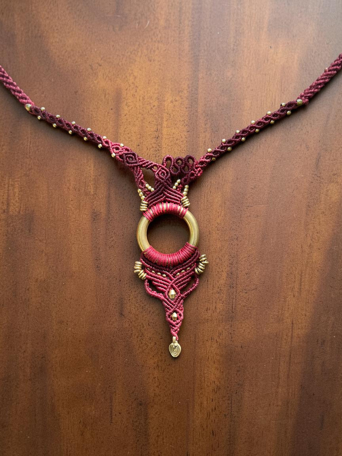 Burgundy Micro-Macrame & Brass Ring Pendant Necklace — One of a Kind