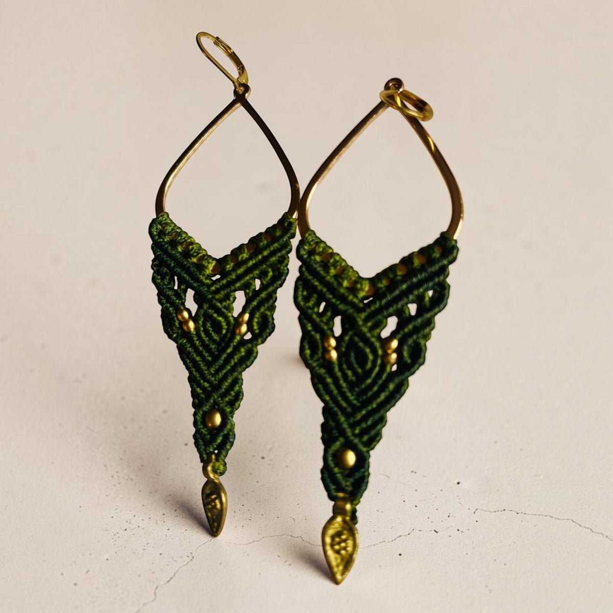 Forest Green Micro-Macrame Drop Earrings with Brass Leaf Charms