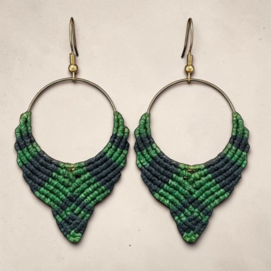Forest green and navy chevron macrame hoop earrings on brass hoops